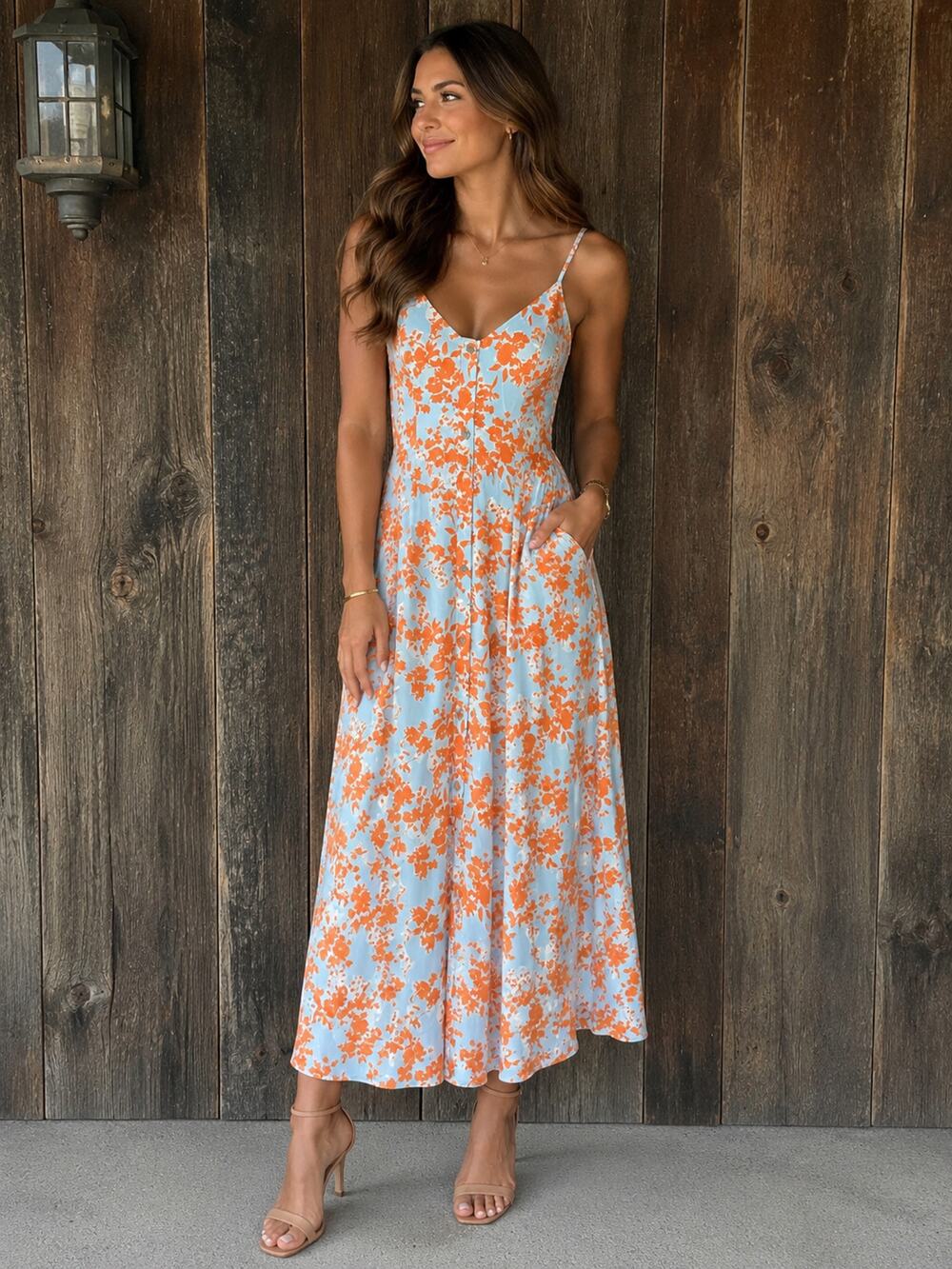 Sienna Sky Floral Midi Dress Women’s Large Blue Orange Sleeveless Button NWT